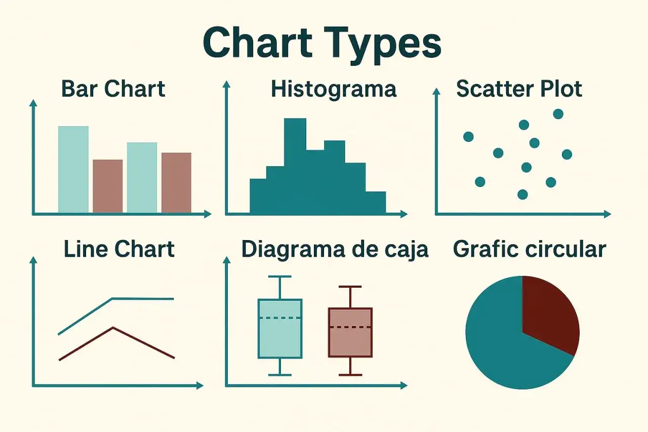 Diversi tipi di grafici: a barre, istogramma, a dispersione, a linee, a scatola e a torta.