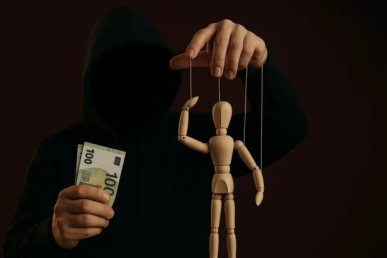 Figura oscura con cappuccio tiene soldi e muove un fantoccio. Rappresenta il vero estorsione significato: controllo e manipolazione tramite denaro.