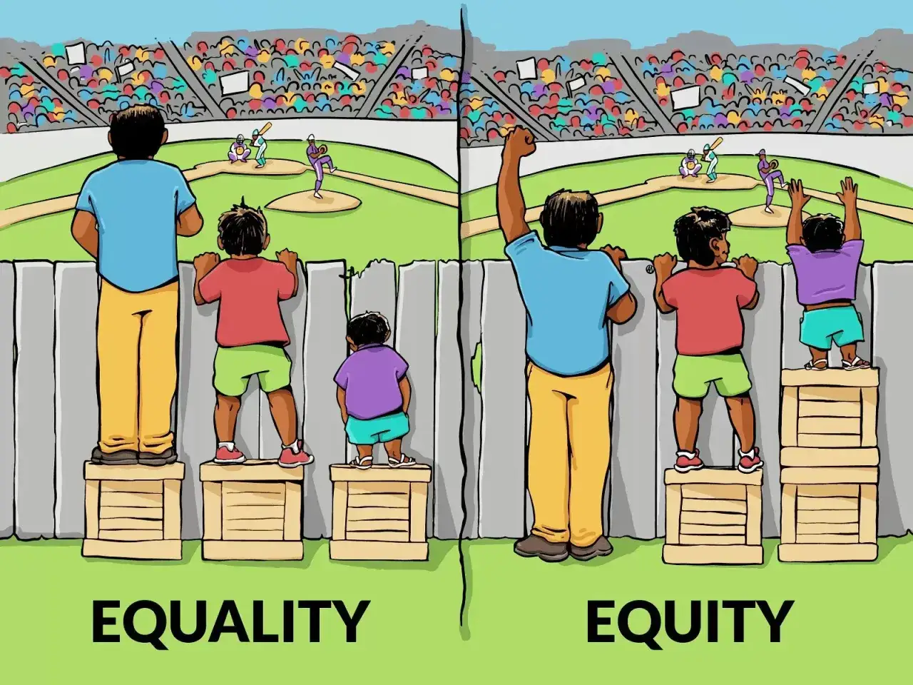 Uguaglianza vs. equit&agrave;: persone di diverse altezze guardano una partita di baseball. L'equit&agrave; significa dare a ciascuno ci&ograve; di cui ha bisogno per raggiungere lo stesso risultato.
