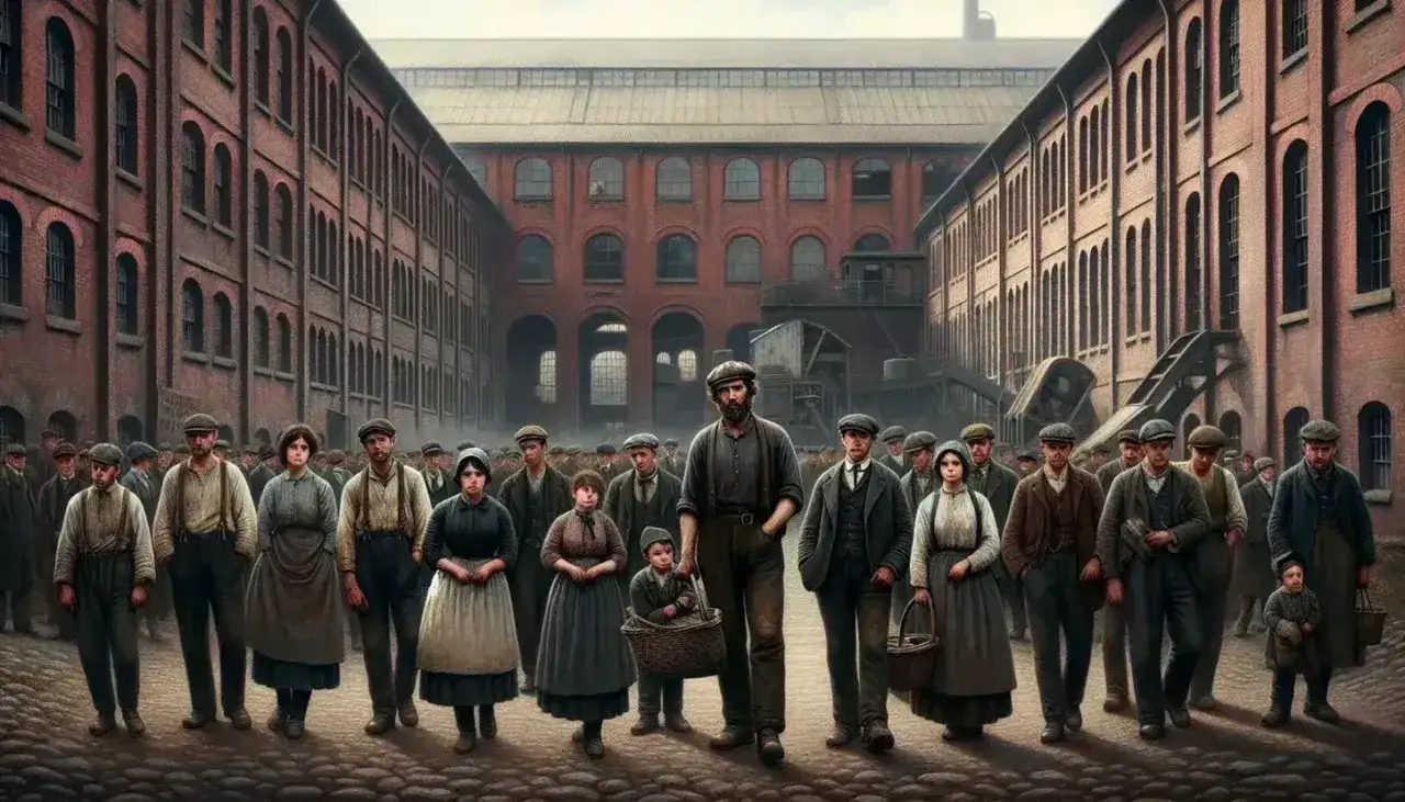 Gruppo di operai, uomini, donne e bambini, in piedi davanti a un edificio industriale. Un'immagine che evoca il marxismo significato e la lotta di classe.