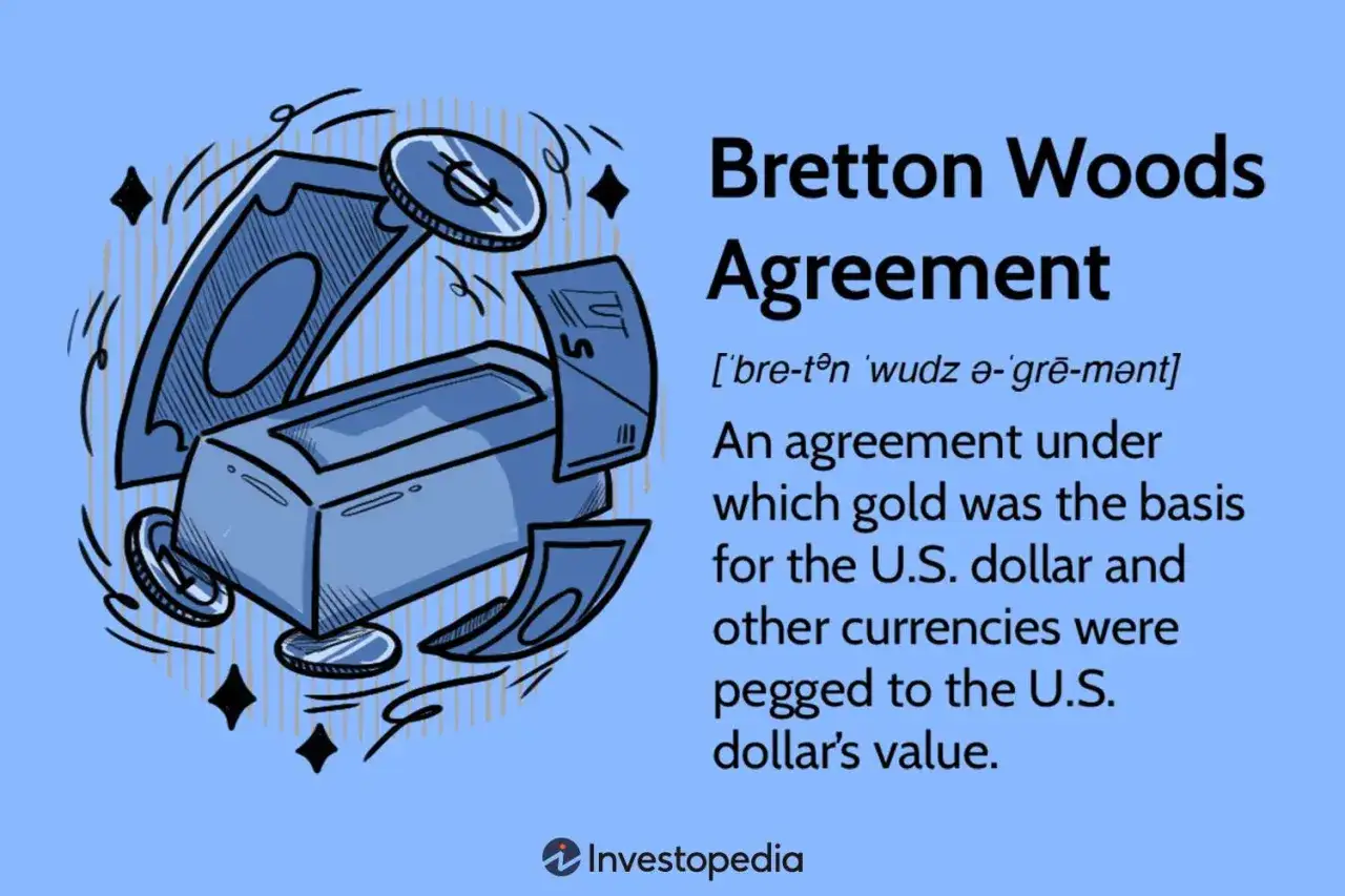 Illustrazione di lingotti d'oro e banconote che simboleggiano gli accordi Bretton Woods, un sistema che legava le valute al dollaro USA.
