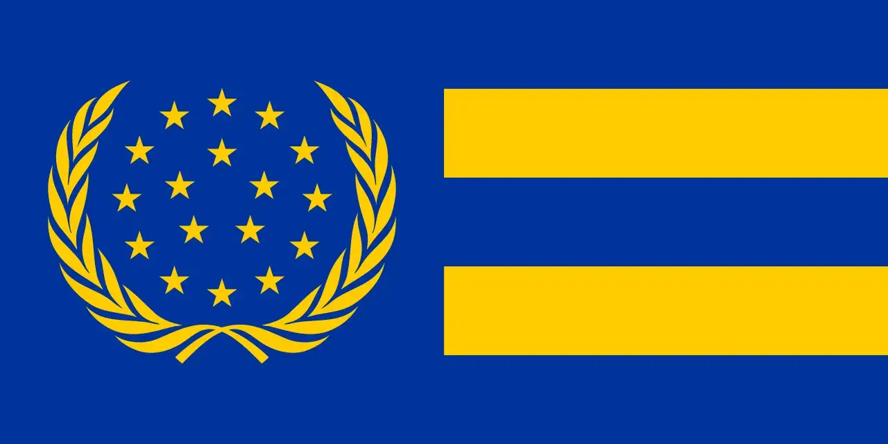 Bandiera con stelle gialle disposte a cerchio su sfondo blu, racchiuse da una corona d'alloro dorata. A destra, tre fasce orizzontali gialle su sfondo blu. Simbolo di unione, forse per gli Stati Uniti d'Europa.