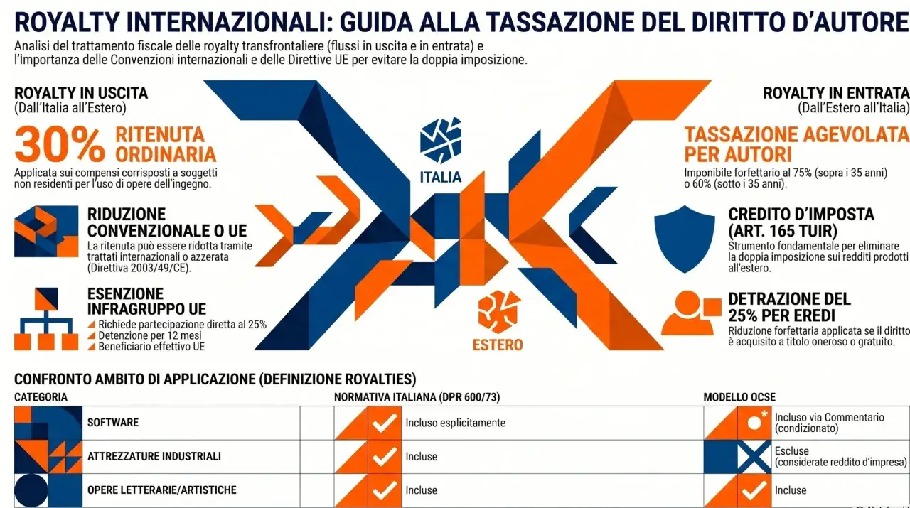 Guida alla tassazione delle royalty internazionali. Il royalty significato &egrave; spiegato con schemi su tassazione in uscita/entrata, agevolazioni per autori e confronto applicazione.