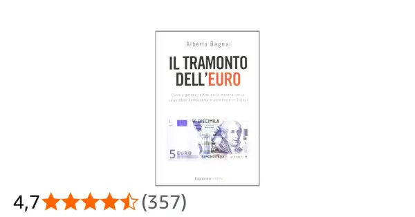 Copertina del libro "Il tramonto dell'euro" di Alberto Bagnai, con un primo piano di una banconota da 5 euro.